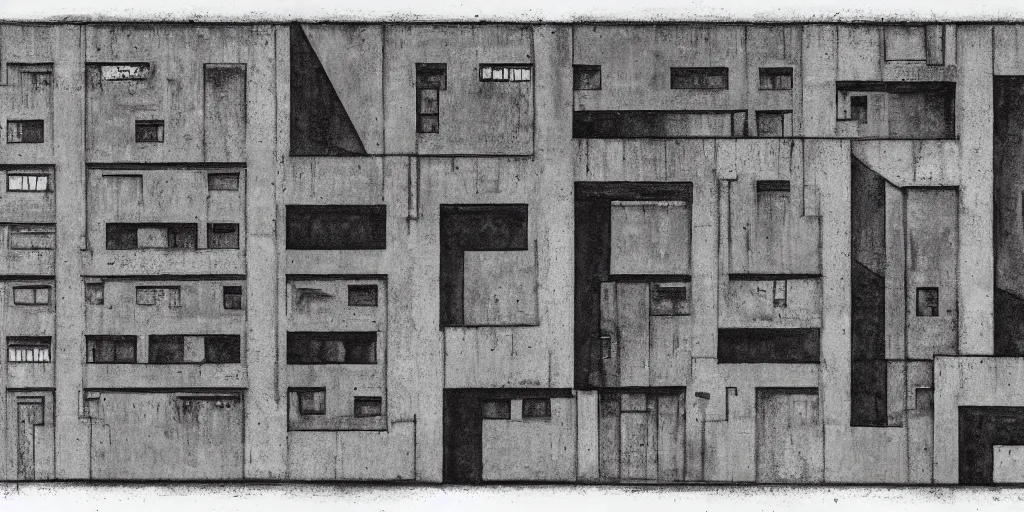 Image similar to brutalist building facing. yugoslavia, le corbusier, central symmetry, golden ratio, black and white color scheme, etching render