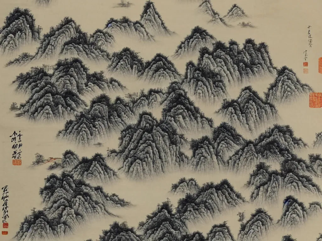 Prompt: Chinese painting, landscape, ink effect