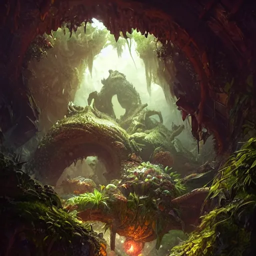 Prompt: Giant Oroboros resting in a cave, natural light, lush plants and flowers, elegant, intricate, fantasy, atmospheric lighting, by Greg rutkowski, league of legends splash art