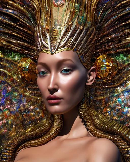 Image similar to a highly detailed metahuman 4 k close up render of an alien goddess bella hadid monument pharaoh in iris van herpen dress schiaparelli in diamonds crystals swarovski and jewelry iridescent in style of alphonse mucha gustav klimt trending on artstation made in unreal engine 4