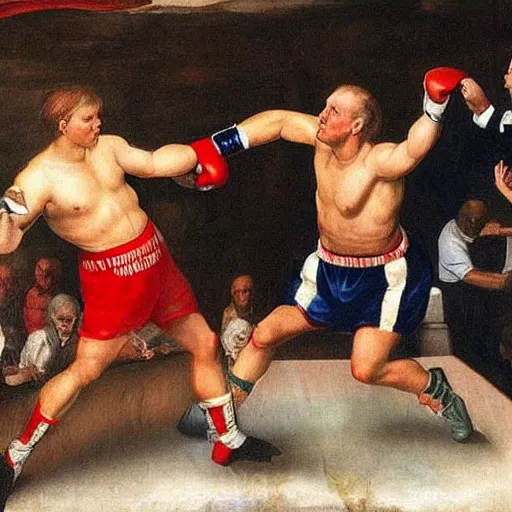 Image similar to a renaissance painting of donald trump and joe biden fighting in a boxing ring