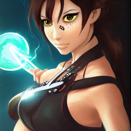 Image similar to portrait of lara croft wielding the black magic, witchcraft, anime fantasy illustration by tomoyuki yamasaki, kyoto studio, madhouse, ufotable, trending on artstation