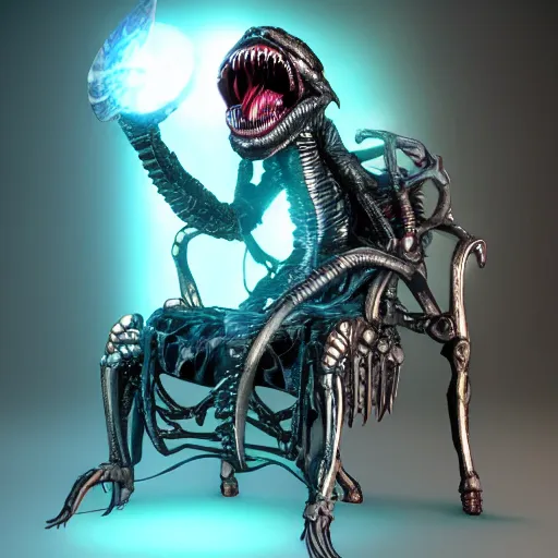 Image similar to a realistic sanke from metal gear dressing necromancer clothes sited in a xenomorphic throne with glow neon eyes, finely detailed, 4 k, photorealistic, cycles engine,