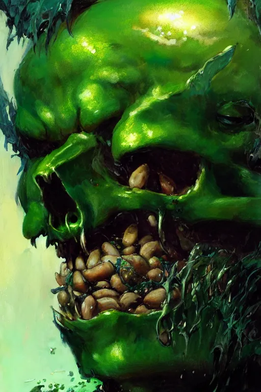 Image similar to close up of the face of a glowing green skull eating beans and laughing extremely high detail portrait dnd, painting by gaston bussiere, craig mullins, greg rutkowski, yoji shinkawa