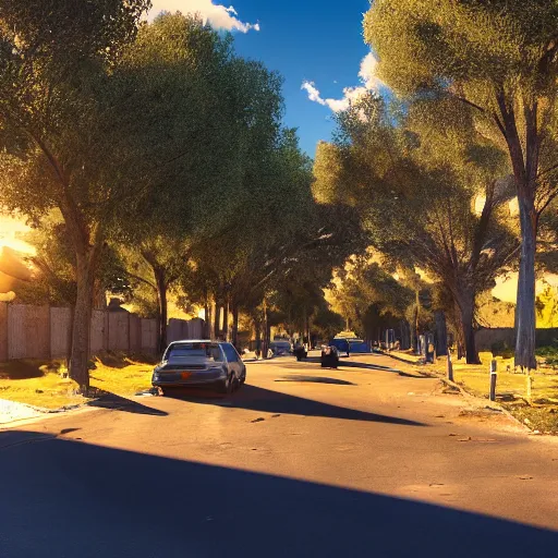 Image similar to neighborhood street, golden hour, golden sunshine, trees over road, shining sun in distance, trees, juniper trees, oak trees, cars parked in street, long street, distance, cel - shaded, raytracing, cel - shading, toon - shading, unreal engine 5