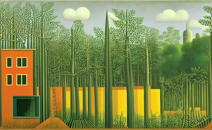 Image similar to geometric painting of industrial buildings surrounded by undergrowth by henri rousseau