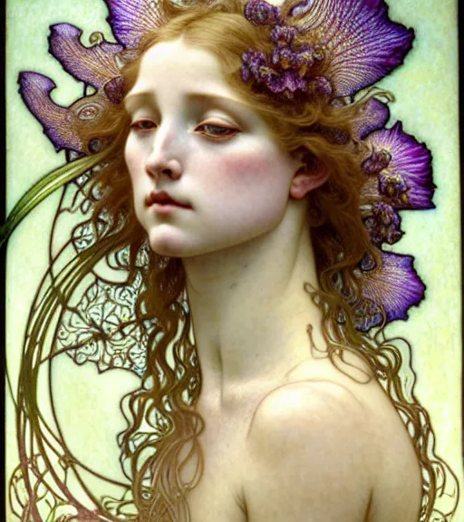 Image similar to beautiful young orchid fairy detailed realistic porcelain face portrait by jean delville, alphonse mucha, iris van herpen and charlie bowater, art forms of nature by ernst haeckel, art nouveau, symbolist, visionary, gothic, neo - gothic, pre - raphaelite, fractal lace, intricate alien botanical biodiversity, surreality, hyperdetailed ultrasharp octane render