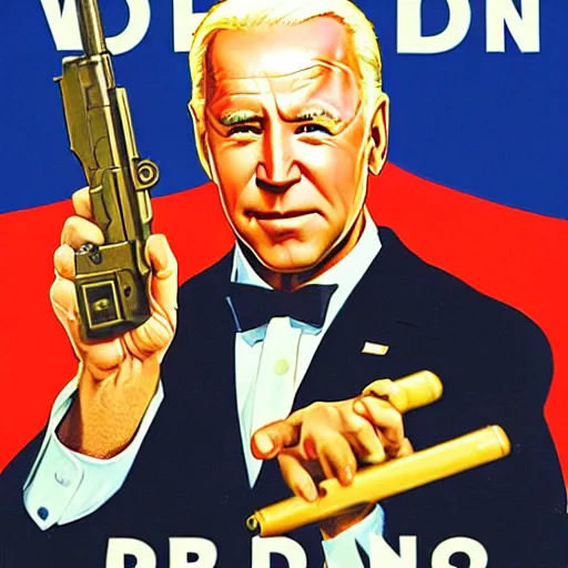 Image similar to propaganda poster of joe biden pointing gun directly at camera in james bond movie, closeup of gun, visible barrel and grip by j. c. leyendecker, bosch, lisa frank, jon mcnaughton, and beksinski