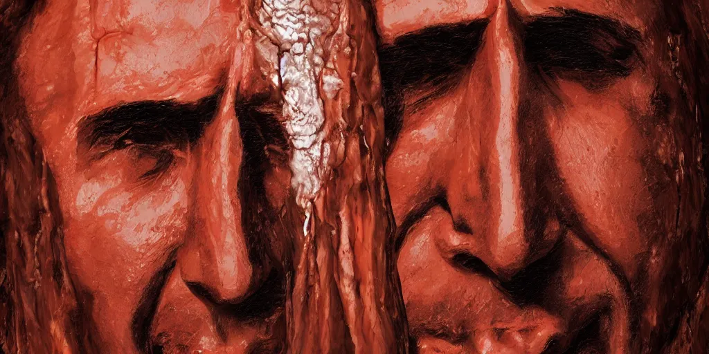 Image similar to A giant face of Nicolas Cage melting in a moutain, inspired by Everett Raymond Kinstler, artstation, 8k, photorealism