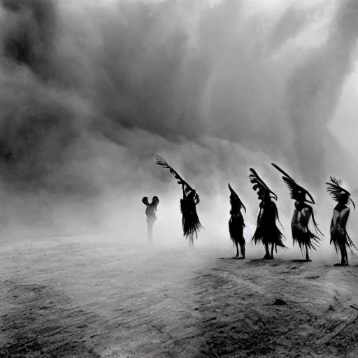 Prompt: an indigenous shaman guiding a crowd of spiritual healers through snake feathered quetzalcoatl sandstorm, sebastiao salgado