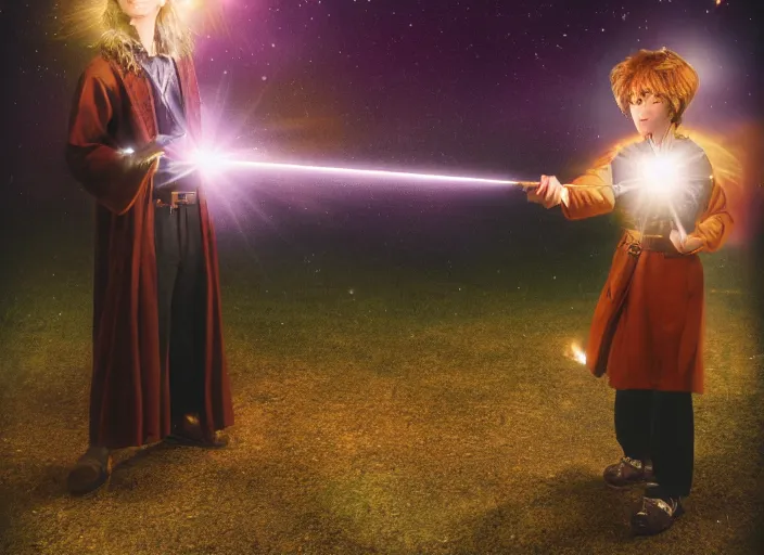 Image similar to a young adult wizard with very detailed face, hair clothes and shoes holds their wand fiercely in their hand from which a blast of bright magic flies from the end of the wand, on an empty moonlit hill, dramatic lighting, lens flare, 3 5 mm full frame professional photography, kodachrome