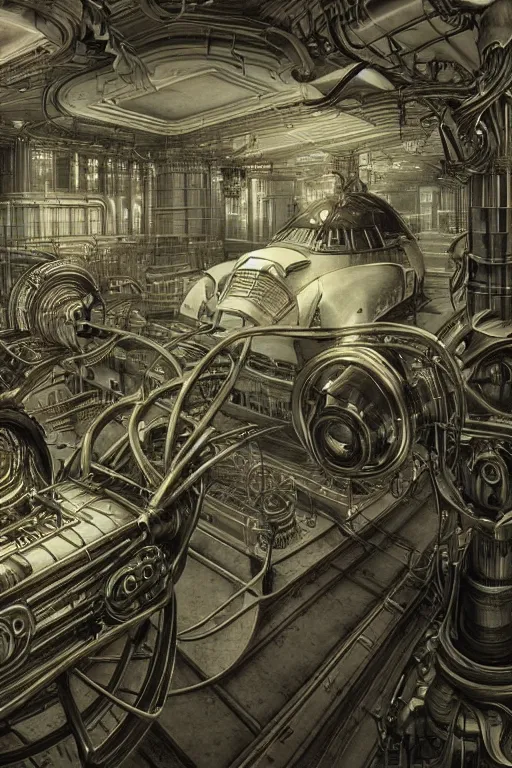 Image similar to strange retro sci - fi quantum teleportation gizmo, thingamajig. steampunk, dieselpunk techno - magical engine vray cryengine hyperrealism photorealistic hyperdetailed by edward hopper, mc escher and hr giger.