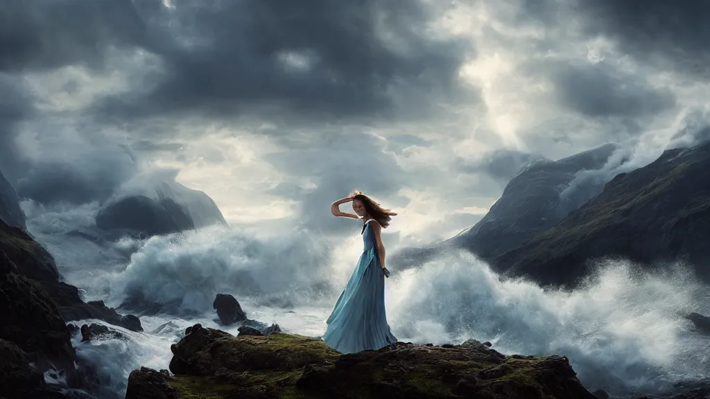 Image similar to wizard, norway fjord, natalie portman, hudson river school, max rive, stormy seas, white royal dress, f 1 6, bokeh, gentle, female, snowy, storm clouds, god rays, close up portrait, d & d, fantasy, elegant, teal orange color palette, concept art, roger deakins and greg rutkowski and alphonse mucha