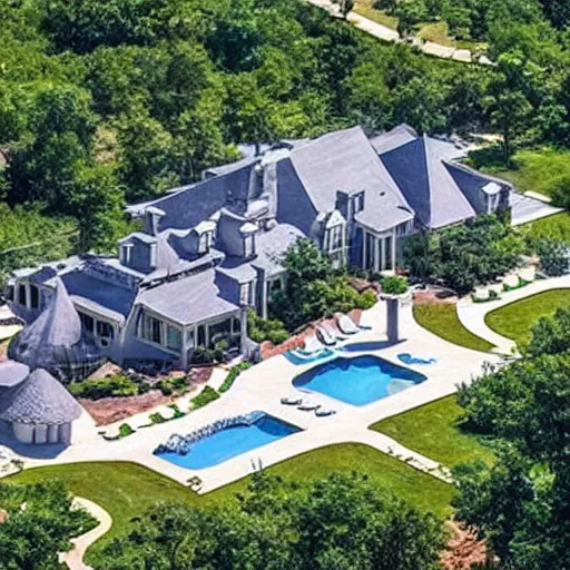 Image similar to “Mansion built on a private property 10 acres large with a rocket ship next to it. Realistic, large, magnificent,”