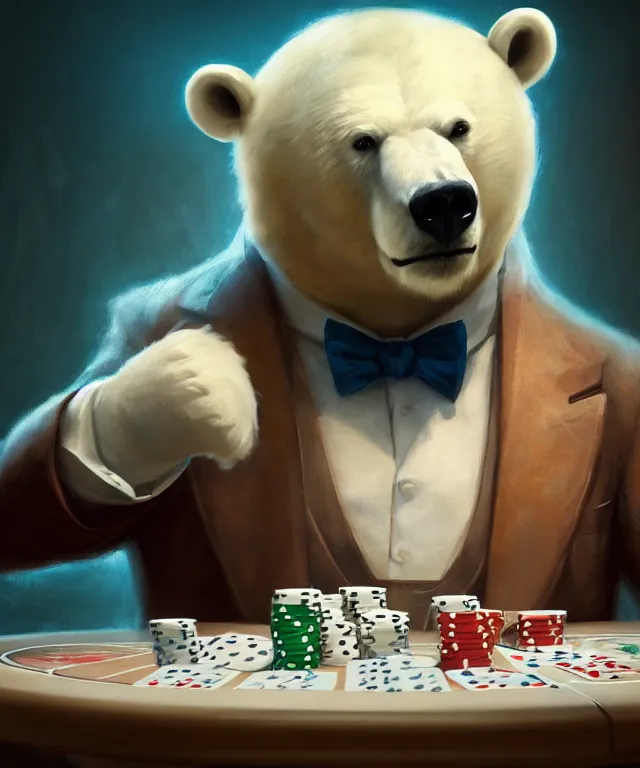 Prompt: anthropomorphic polar bear playing poker, cinematic, floral shirt, top hat, elegant, highly detailed, digital painting, artstation, smooth, hard focus, illustration, art by jessica rossier and and brian froud