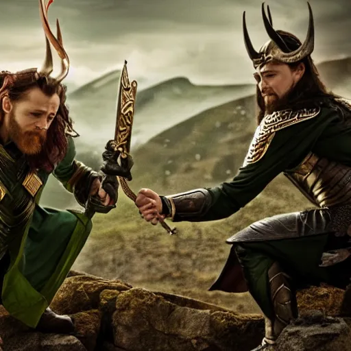 Prompt: the norse god king banishing loki from valhall, dramatic, highly detailed, cinematic, 4 k