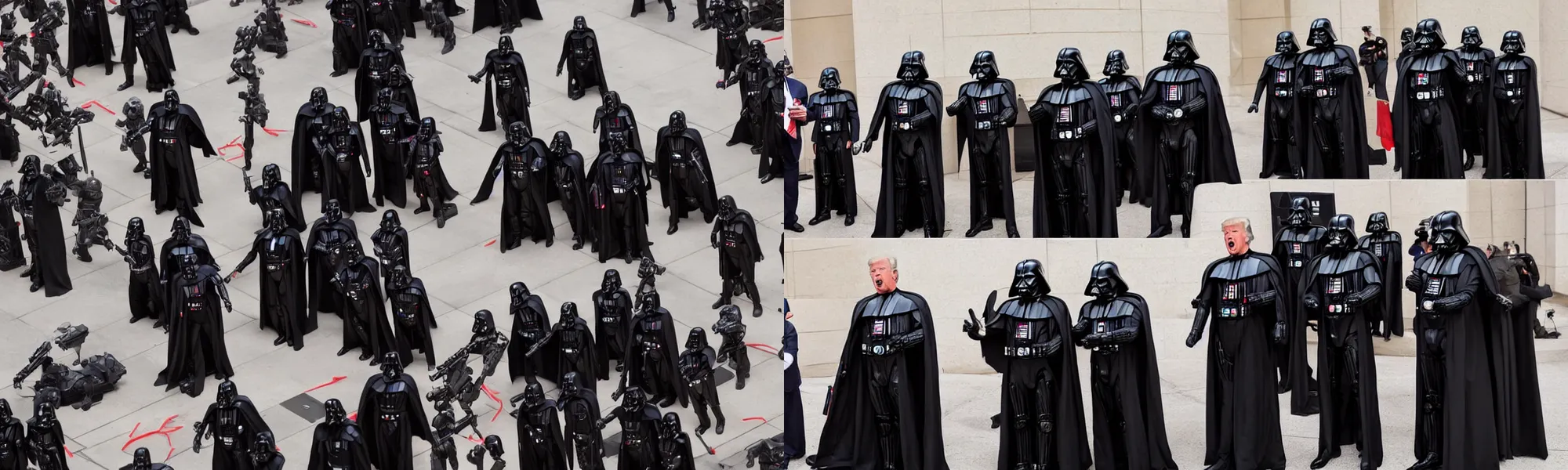 Prompt: a bunch of darth vaders swarm donald trump while he is calling someone on the phone