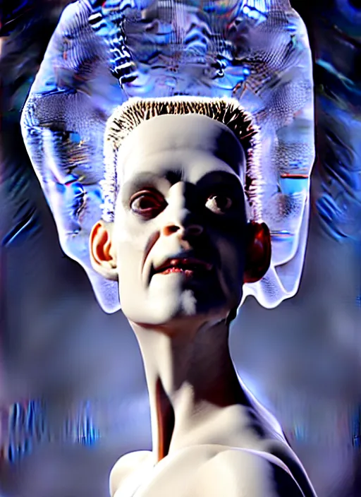 Image similar to portrait of kristen mcmenamy as a beautiful gentle futuristic bride of frankenstein from the movie bride of frankenstein, kintsugi, modern fine art, fractal, intricate, elegant, highly detailed, digital photography, subsurface scattering, by jheronimus bosch and greg rutkowski, still from the movie ex machina, smooth healthy skin, high key lighting