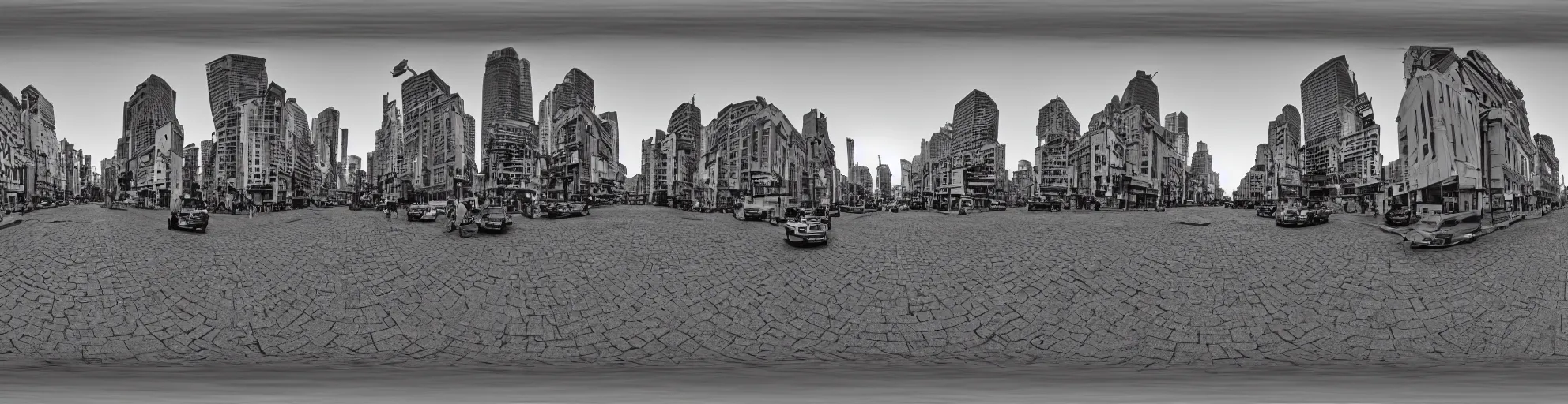 Image similar to spherical panorama photo of city street dawn 5 0 mm