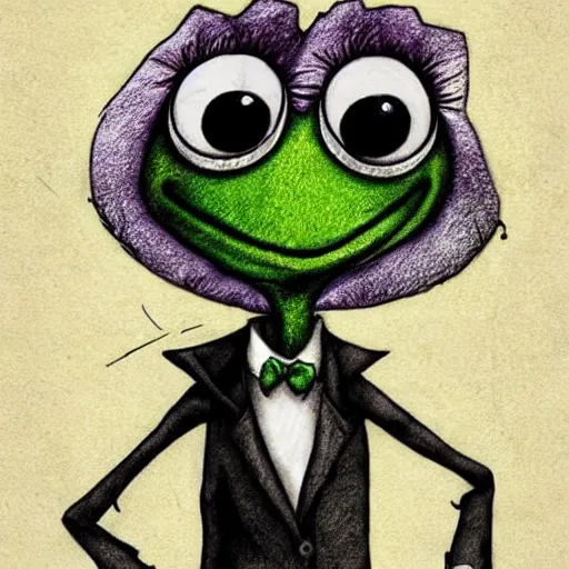 Image similar to michael karcz punk grunge cartoon drawing of kermit the frog. , in the style of corpse bride, loony toons style, horror themed, detailed, elegant, intricate