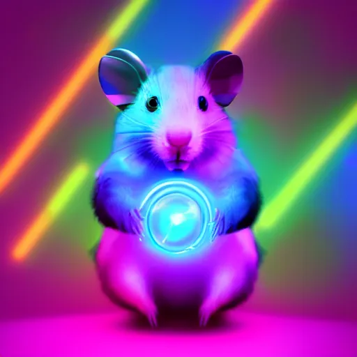 Image similar to cyberpunk hamster! holding rainbow! gem! crystal, neon lights, light reflection, 8 k, hd