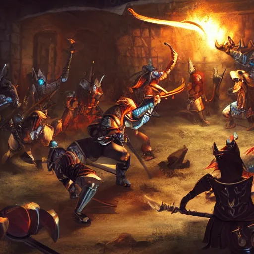 Prompt: a party of adventurers fighting knights, action shot, fire lit room, dungeon, fantasy, concept art, detailed, HD, 4k, renaissance, epic