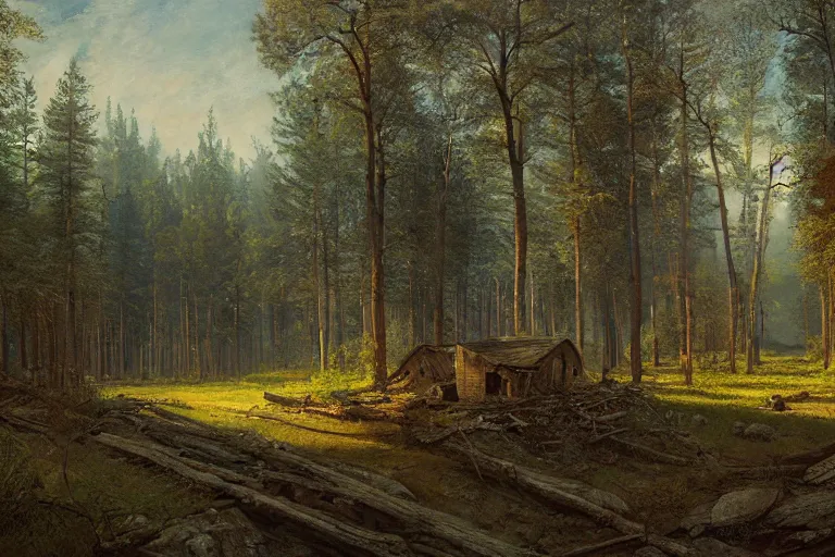 Image similar to A beautiful painting of russian village in dark forest by ivan shishkin and arkhip kuindji, trending on artstation,matte painting