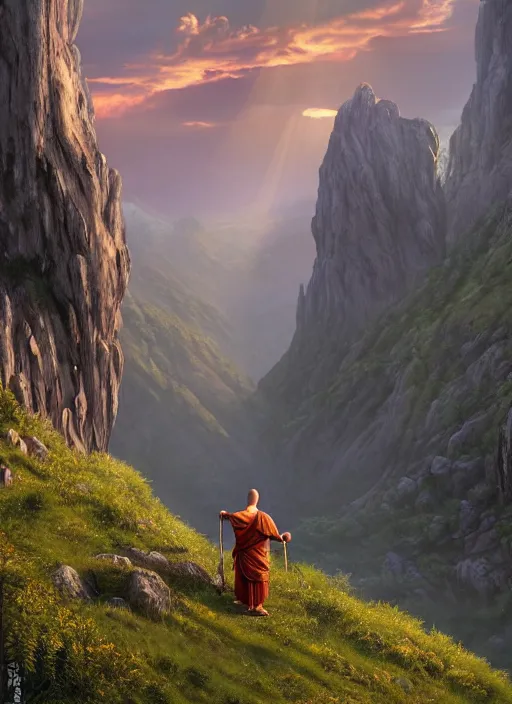 Prompt: a monk in lord of the rings scenery landscape, looking out at a vast lush valley at sunrise with a temple on a mountain in the distance, god's rays, highly detailed, vivid color, cinematic lighting, perfect composition, 8 k, gustave dore, derek zabrocki, greg rutkowski, belsinski, octane render