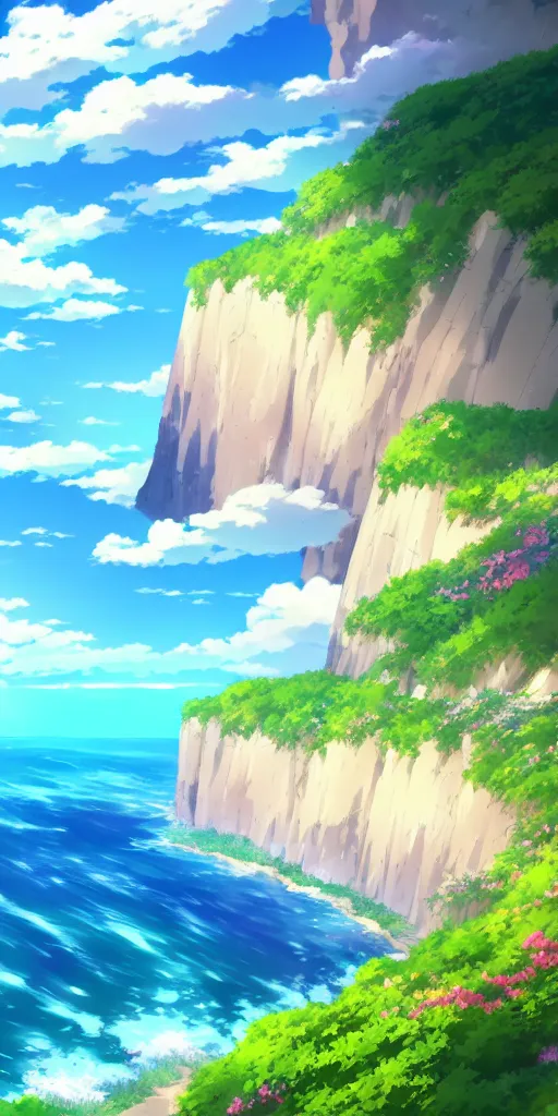 Image similar to A beautiful anime illustration of an ocean coast, cliffs, wildflowers, breathtaking clouds, wide angle, very detailed, deviantart, 4k vertical wallpaper, tropical, colorful, airy, anime illustration, anime nature wallpap