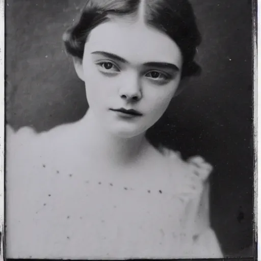 Image similar to headshot edwardian photograph of middle - aged elle fanning, realistic face, 1 9 0 0 s, 1 9 1 0 s, 1 9 2 0 s, grainy, victorian, detailed, slightly blurry