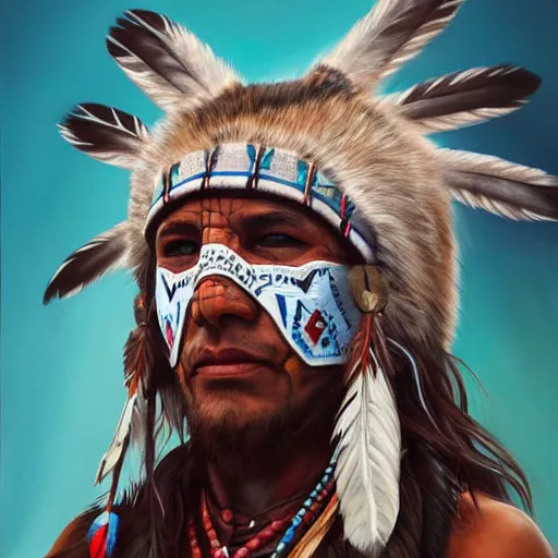 Image similar to painting portrait of a native american wearing a wolf face mask, artstation, ultra detailed