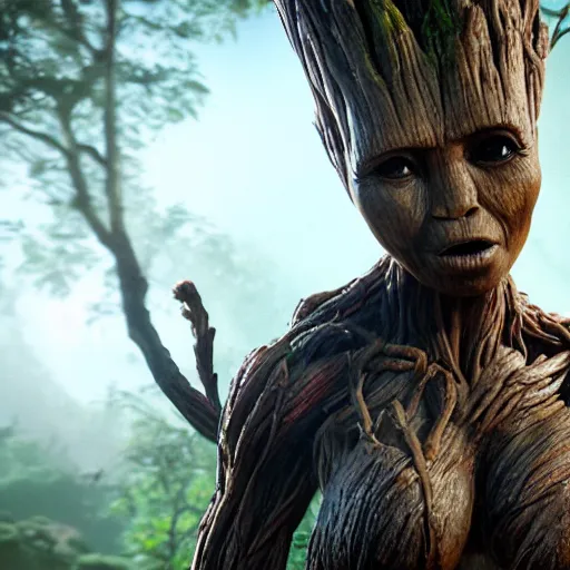 Image similar to the groot kissing tomb raider, hyper realistic, 4 k octan render, unreal 5