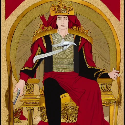 Prompt: modern self portrait of man sitting on throne, legs crossed, while holding a sword, white man, hispanic, brown hair, light skin, golden throne, red robes, 8 k, hi - rez, circles, lamented, clear, brown eyes, colored, sharp, realistic, 3 d