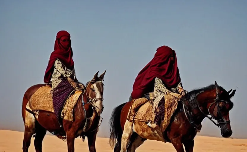 Image similar to beautiful burqa's woman, riding a horse!!! in saharan, sharp eyes, perfect dynamic posture, dust, cinematic, perfect dynamic pose, pinterest,, very perfect position, award winning photo by national geographic