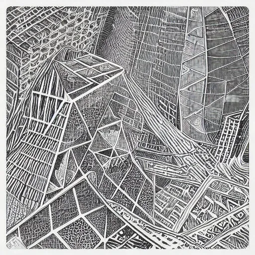 Prompt: “geometrically surreal city, extremely high detail, photorealistic, intricate line drawings, dotart, album art in the style of James Jean”