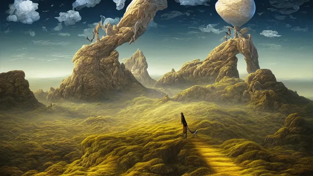 Prompt: fantasy landscape with anthropomorphic!!! terrain!!! in the styles of igor morski, jim warren, and rob gonsalves, intricate, hyperrealistic, volumetric lighting, big sky, distinct horizon