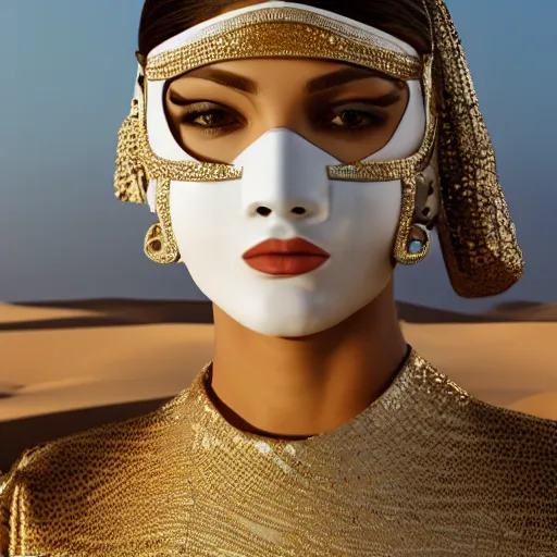 Image similar to portrait of masked dune dynasty with chanel clothes, white background, chanel logo, 8 k, symmetrical, 3 d render, octane render, insane details