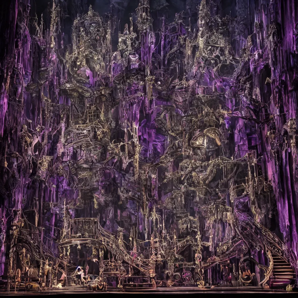 Image similar to photo, a highly - themed dramatic broadway musical set design with huge spectacle, dark and moody futuristic, a dark gothic psychedelic palace