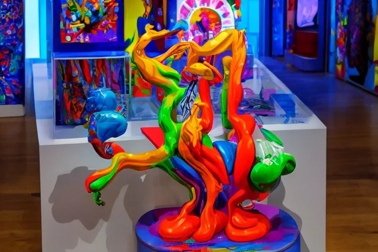 Prompt: one cartoon psychedelic sculpture toy on display