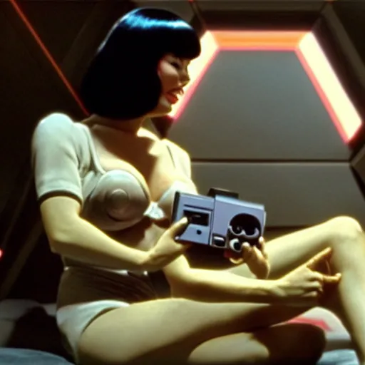 Image similar to a still of Bettie Page playing with a NES controller, in the movie 2001 A Space Odyssey, highly detailed and intricate, cinematic lighting, 4k HDR