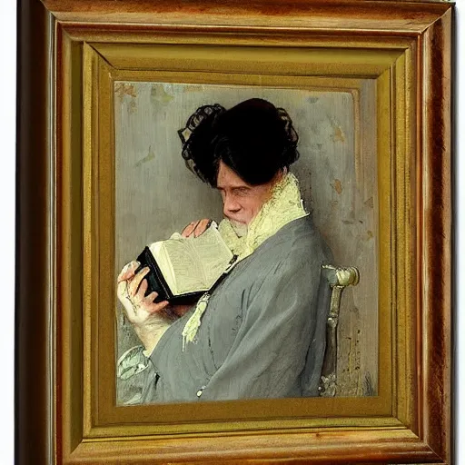 Prompt: scared victorian lady reading a book with an occult symbol on the cover, painted by alfred stevens