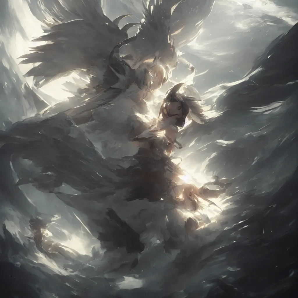 Prompt: An angel epic rebellion against God in style of cytus and deemo, by Greg Rutkowski, Beautiful dynamic dramatic dark moody lighting,shadows,cinematic atmosphere,Artstation,concept design art,Octane render,8K