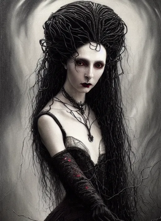 Prompt: highly detailed oil painting | very intricate | cinematic lighting | black, white and blood color scheme, dark background | portrait of a exquisite beautiful vampire old woman with long elegant tangles of black hair, eyes, gothic fog ambience, hyper realistic head, fantasy victorian art, in the style of greg rutkowski, zdizslaw beksinski, intricate, alphonse mucha