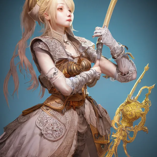 Image similar to studio portrait of neutral good colorful female cleric bard healer as absurdly beautiful, elegant, young skinny gravure idol, ultrafine hyperdetailed face illustration by kim jung gi, irakli nadar, intricate linework, sharp focus, bright colors, octopath traveler, final fantasy, unreal engine highly rendered, global illumination, radiant light, detailed and intricate environment