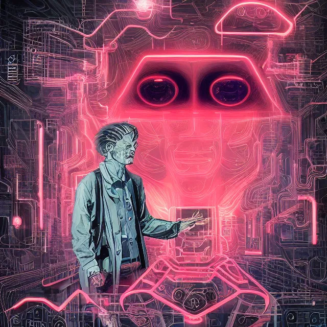 Image similar to a malevolent digital intelligence, portrait of a digital consciousness, glowing digital runes, motherboard circuitry, red eyes, hi tech, futurism, rhads!!!, james gurney, ( art fitzpatrick ), ( asaf hanuka ), ( ( barclay shaw ) ), ominous, saturday morning cartoon, clean linework, western animation