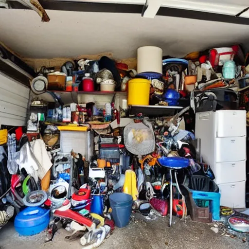 Prompt: garage filled with stuff by hoarder