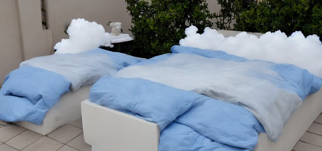 Image similar to a bed made out of clouds and blue sky floating in the sky