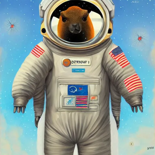 Image similar to beautiful detailed and adorable portrait of a capybara astronaut in a spacesuit, super cute, new contemporary, pop surrealism, oil painting, by alexander trufanov