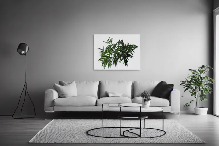 Image similar to minimalist contemporary modern design living room, cozy, calm, plants, big canvas art, hardwoord floor, white walls, highly detailed wide angle photograph, ikea style, light bloom, fabric and textiles