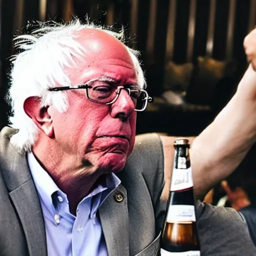 Image similar to Bernie sanders with a mullet drinking a pbr in a trailer park